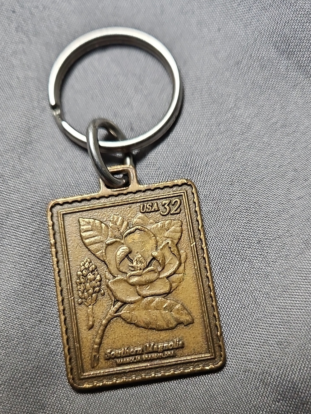 Vintage Southern Magnolia Brass Keychain - Gold Tone